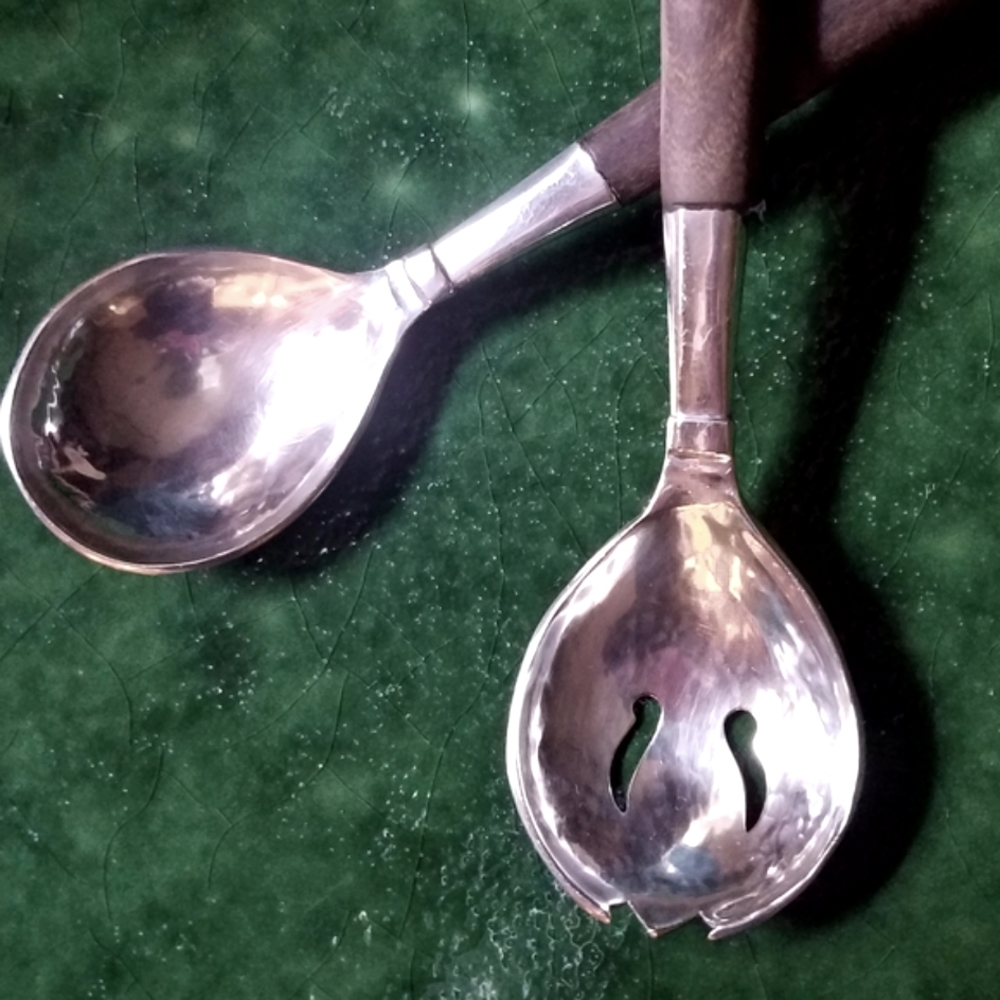 Sterling Silver & Walnut Servers. Mid Century Modern.